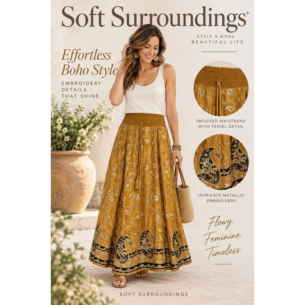 Soft Surroundings Maxi Skirt Womens PXS Gold Embroidered Paisley Smocked Boho